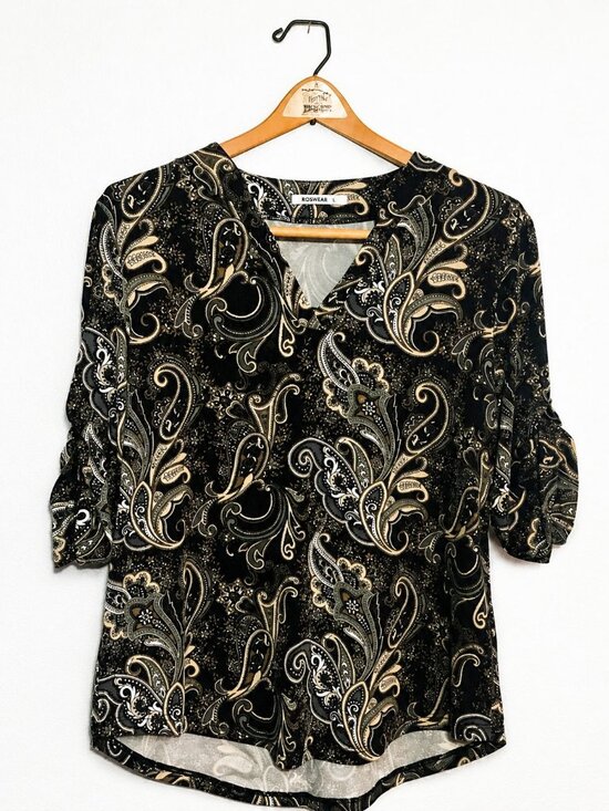 ROSWEAR Tops - ROSWEAR Women's Black Tan Paisley Blouse L V Neck Ruched Sleeve Career Top